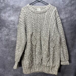 Carraig Donn Aran Handknit 100% Wool Cable Knit Fisherman Sweater Mens L Beige